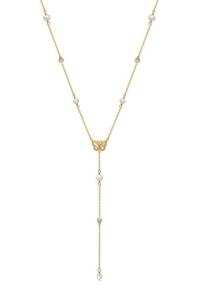 Karma and Luck Karma and Luck Pearl Rainbow Moonstone Butterfly Gold Women's Lariat Necklace -