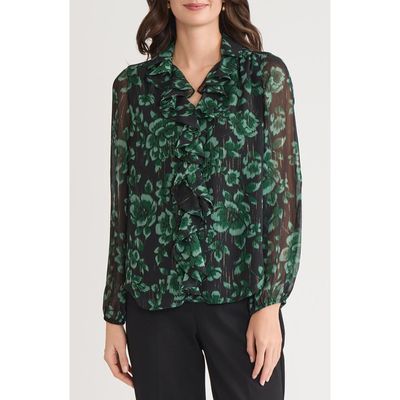 KASPER KASPER Floral Metallic Ruffle Chiffon Top