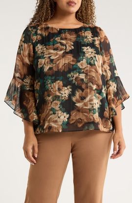 KASPER KASPER Metallic Floral Ruffle Sleeve Top
