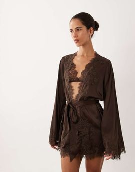 Kat The Label Kat The Label Olivia satin lace robe in espresso-Brown