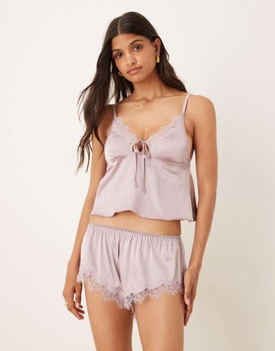 Kat The Label Kat The Label Sorrento satin lace shorts in mauve-Purple