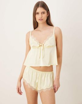 Kat The Label Kat The Label Sorrento satin lace trim shorts in lemon-Yellow
