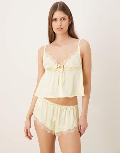 Kat The Label Kat The Label Sorrento satin lace trim shorts in lemon-Yellow