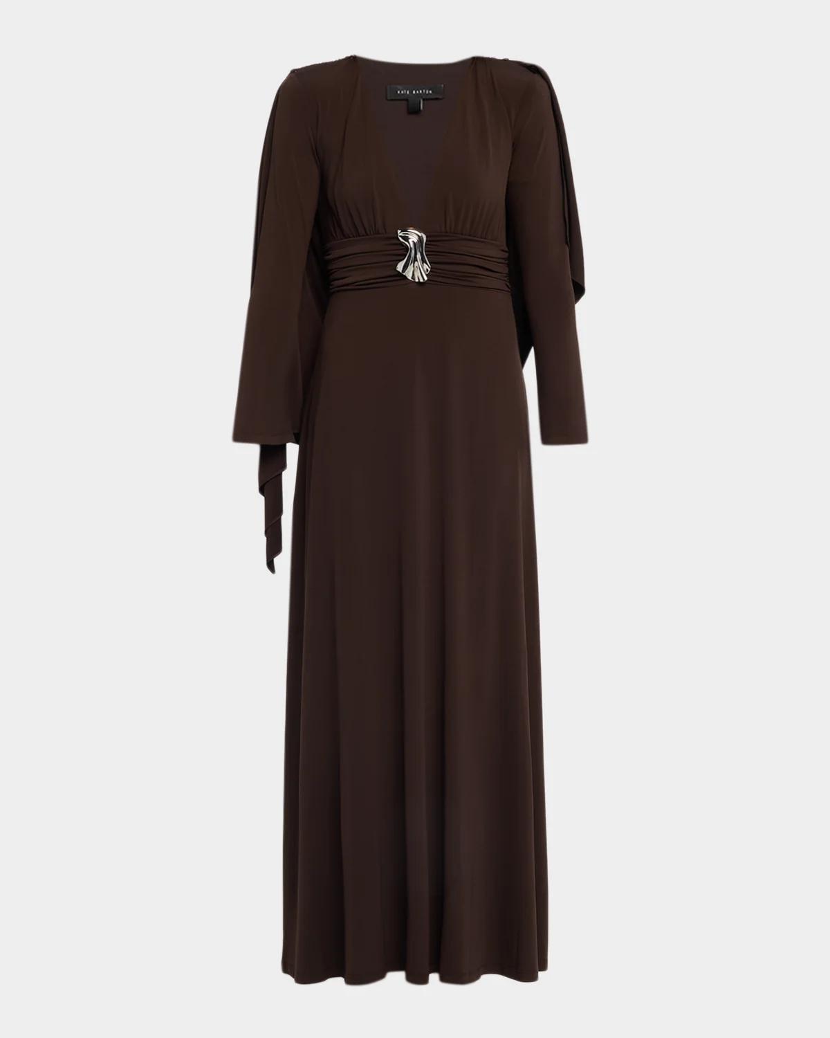 Kate Barton Aura Plunging Cape Jersey Maxi Dress