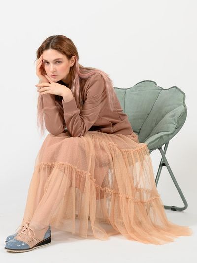 katiacho Cotton Tulle Long Skirt [Pink/Beige]