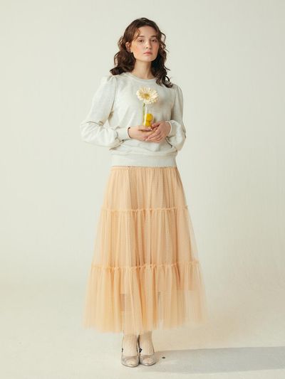 katiacho Cotton Tulle Long Skirt [Pink/White Beige]