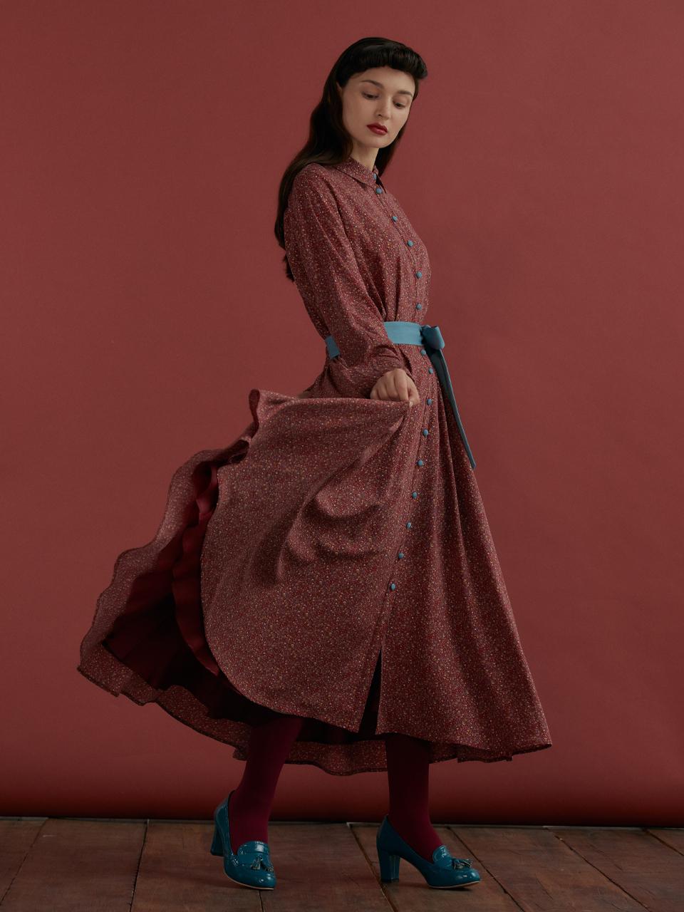 katiacho Katiacho 80s Flare Burgundy Flower Dress [Pink]
