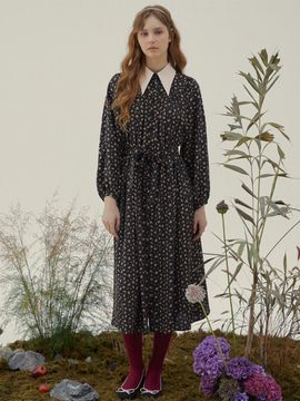 katiacho katiacho Big Collar Retro Black Flower Dress [Pink]