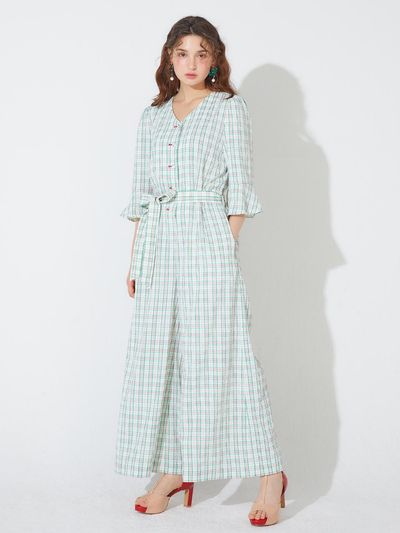 katiacho Katiacho Check Wide Jumpsuit [Ivory/Pink]