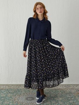katiacho katiacho Flower Frill Long Skirt [Pink, Navy]