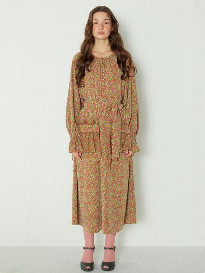 katiacho katiacho Flower Ruffle Long Maxi Dress [pink, Royal Mustard]