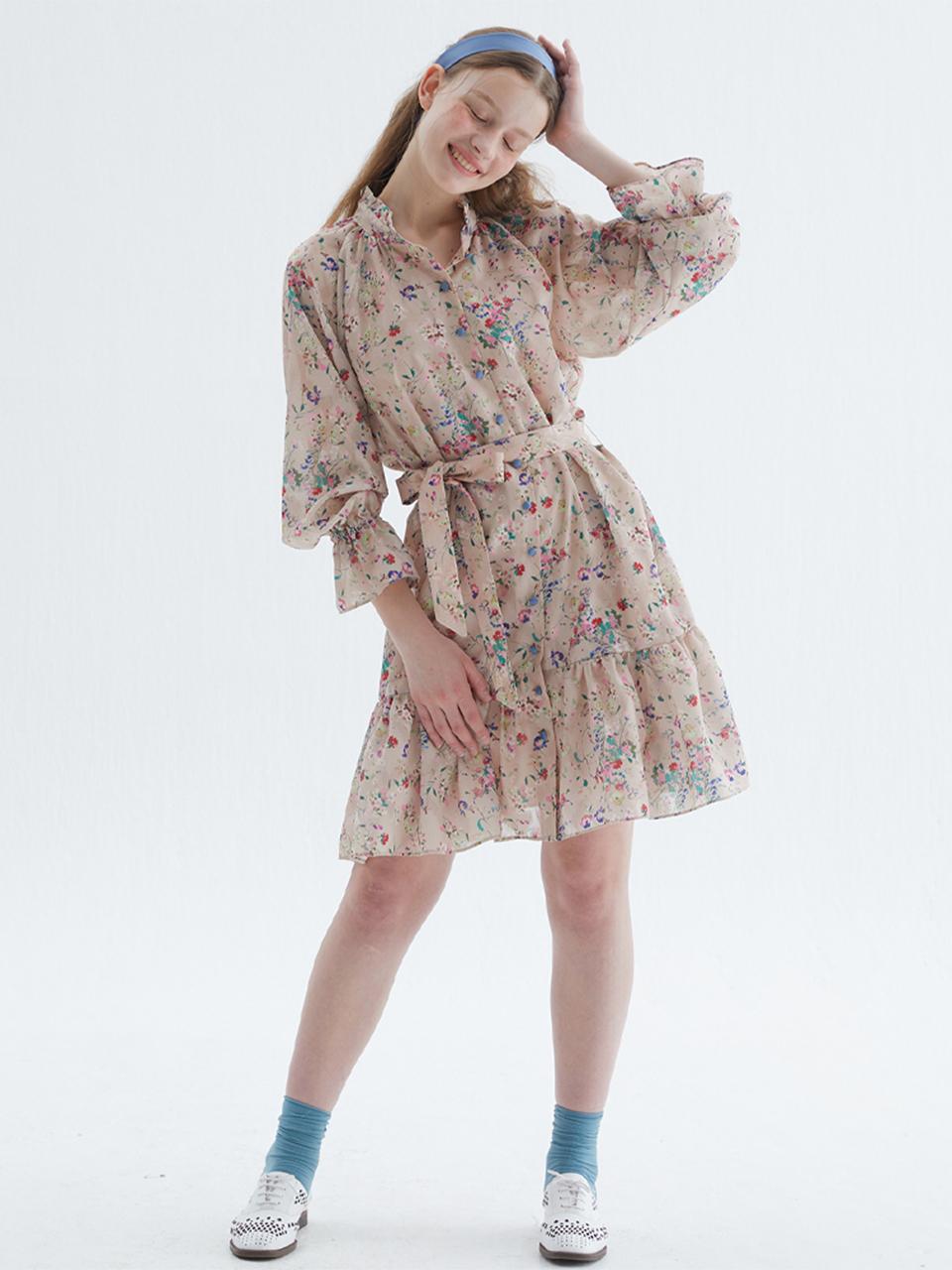 katiacho Katiacho Flower Ruffle Mini Dress [Pink Beige]