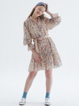 katiacho Katiacho Flower Ruffle Mini Dress [Pink Beige]