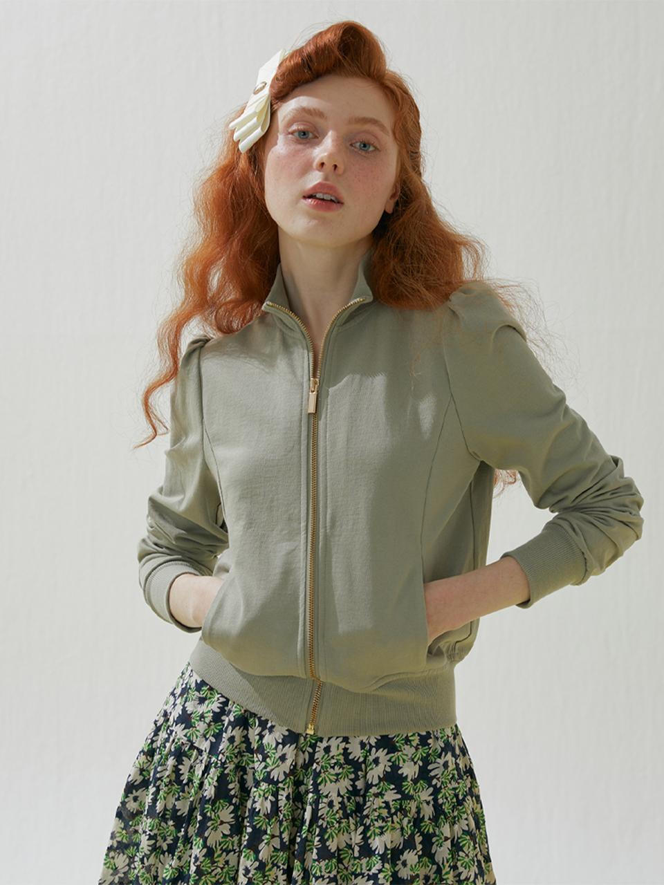 katiacho katiacho Puff Sleeve Soft Zip-up Casual Jacket [Pink/White/Khaki]