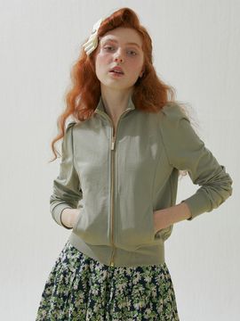 katiacho katiacho Puff Sleeve Soft Zip-up Casual Jacket [Pink/White/Khaki]