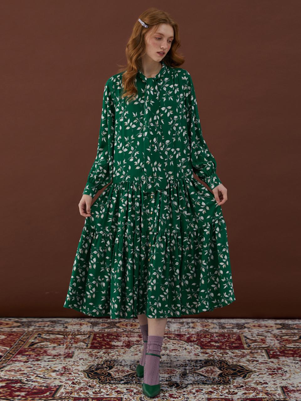 katiacho Katiacho Ribbon Tie Tiered Flower Dress [Pink/Green]