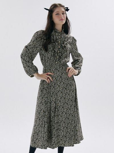 katiacho katiacho Ruffle Deco Black Flower Dress [Pink]