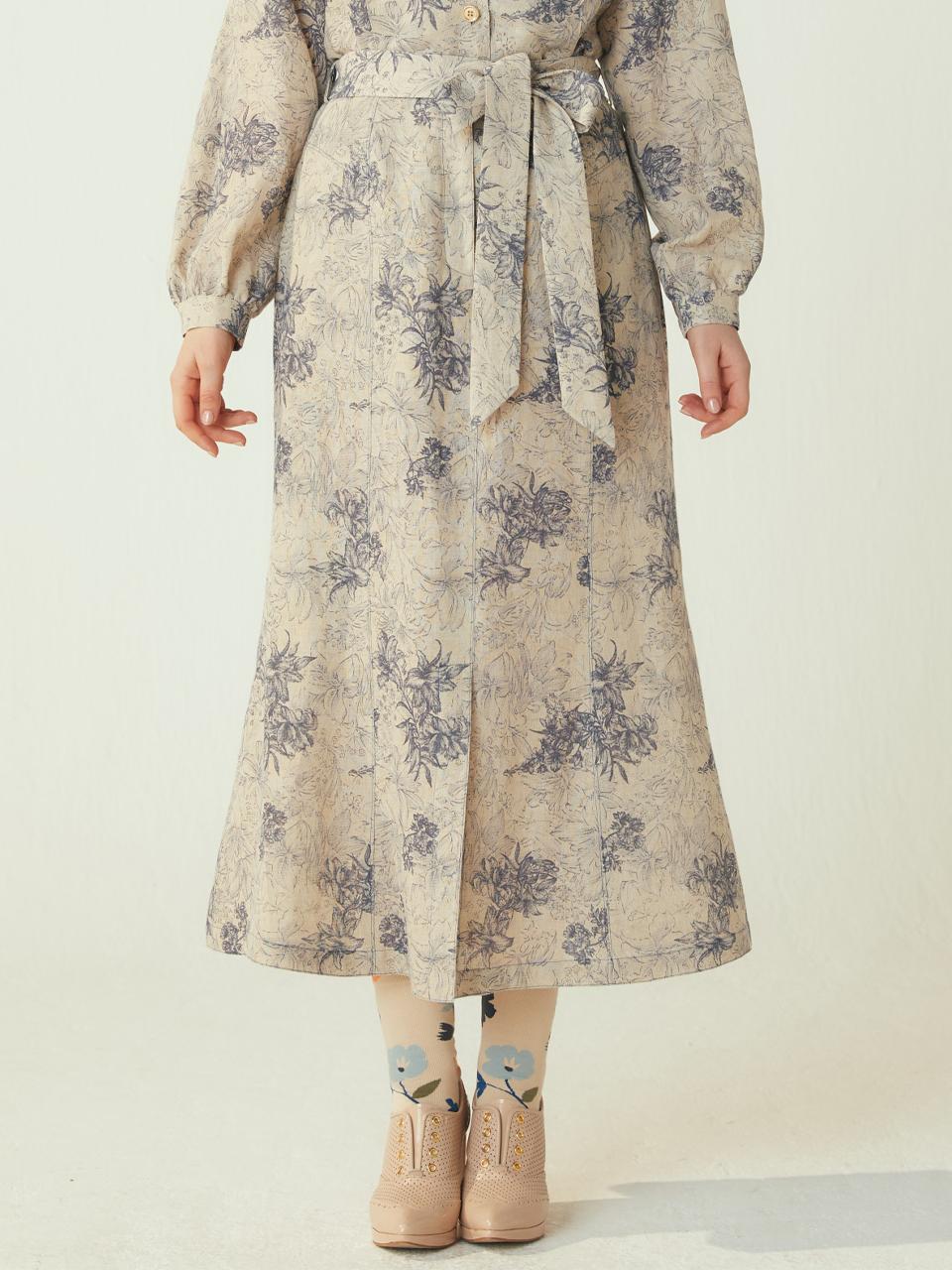 katiacho Linen Mermaid Navy Flower Skirt [Pink]