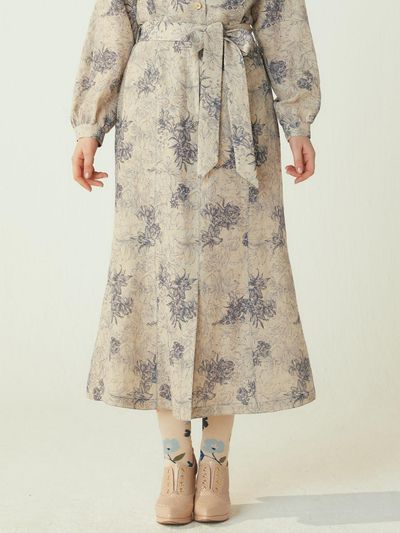 katiacho Linen Mermaid Navy Flower Skirt [Pink]