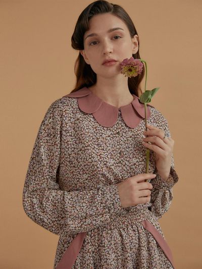 katiacho Petal Collar Brown Flower Blouse [Pink]