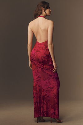 katie may leyla cowled halter open-back knotted maxi dress man suit chart