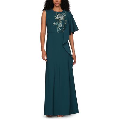 Kay Unger Kay Unger Alisha Embroidered Floral Detail Asymmetric Sleeve Gown
