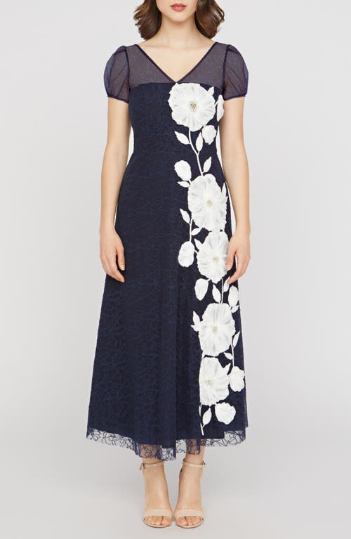 Kay Unger Kay Unger Layla Floral Appliqué Embroidered Mesh Midi Dress