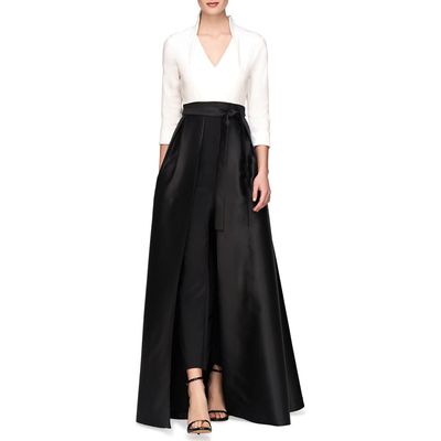 Kay Unger Kay Unger Sharon Tie Belt Three-Quarter Sleeve Satin Maxi Jumpsuit