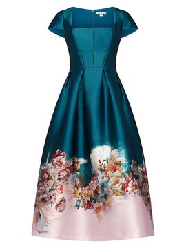 Kay Unger Women's Amaya Satin Floral-Hem Tea-Length Dress