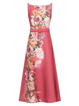 Kay Unger Women's Slyvie Floral Satin Belted Tea-Length Dress