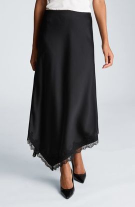 Kenneth Cole Collection Kenneth Cole Collection Asymmetric Lace Trim Satin Midi Skirt