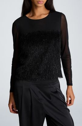 Kenneth Cole Collection Kenneth Cole Collection Lurex Fringe Mixed Media Top