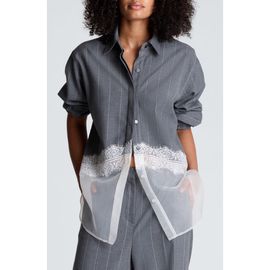 Kenneth Cole Collection Kenneth Cole Collection Pinstripe Lace Trim Oversized Button Front Shirt