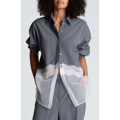 Kenneth Cole Collection Kenneth Cole Collection Pinstripe Lace Trim Oversized Button Front Shirt