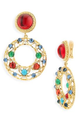 Kenneth Jay Lane Kenneth Jay Lane Cabochon Crystal Drop Hoop Earrings