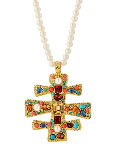 Kenneth Jay Lane Women's 22K-Gold-Plated, Imitation Pearl & Glass Crystal Pendant Necklace