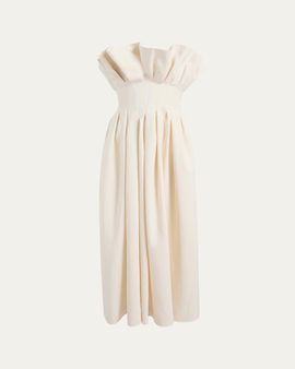 Khaite Claude Pleated Ruffle Strapless Midi Dress