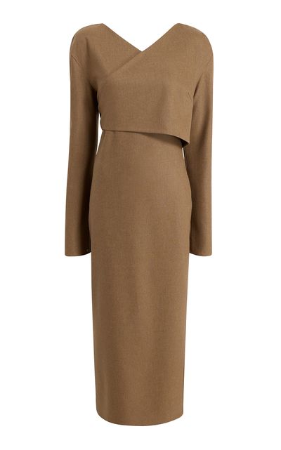Khaite Khaite Aubrey WrapFront Wool Midi Dress Brown