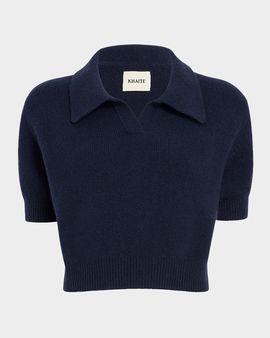 Khaite Leni Short-Sleeve Cashmere Knit Polo Top