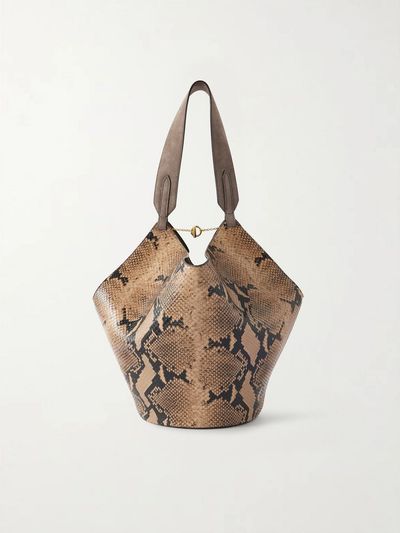 KHAITE Lotus Small suede-trimmed snake-effect leather tote