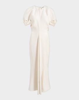Khaite Ria Linen Draped-Waist Puff-Sleeve Midi Dress