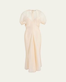 Khaite Ria Puff-Sleeve Draped Silk-Blend Maxi Dress