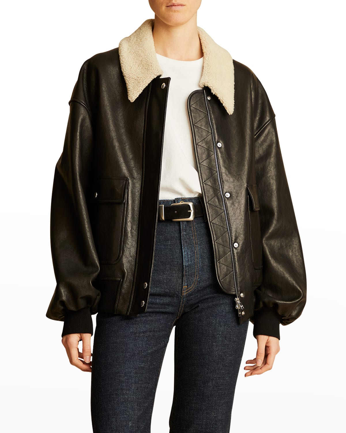 Khaite Shellar Shearling Collar Leather Aviator Jacket