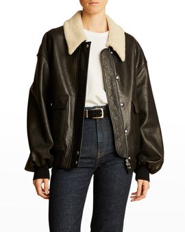 Khaite Shellar Shearling Collar Leather Aviator Jacket