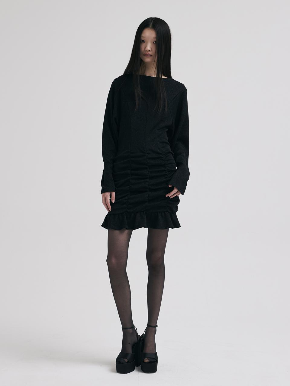 KILO SHIRRING MIDI DRESS_PEARL BLACK