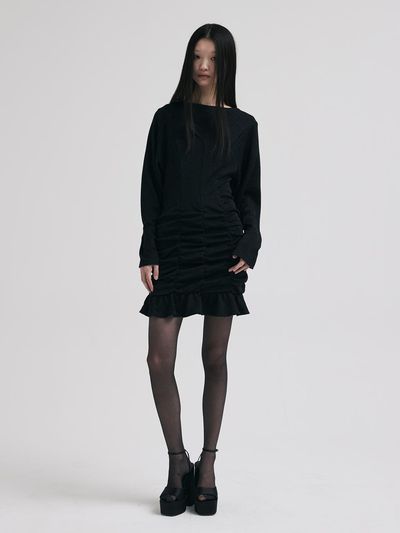 KILO SHIRRING MIDI DRESS_PEARL BLACK