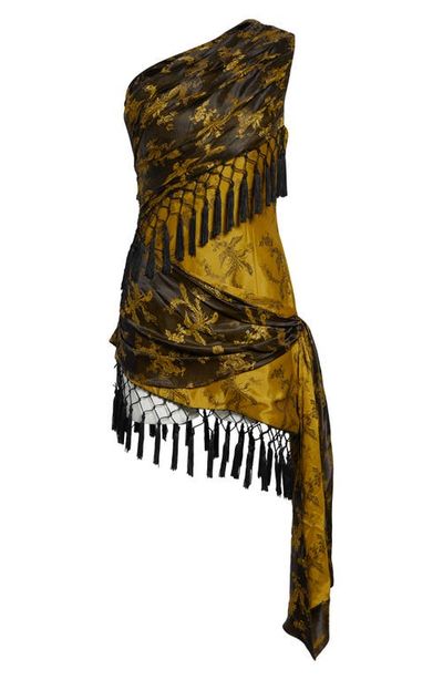 KIM SHUI KIM SHUI Andrea Fringe Silk Jacquard One-Shoulder Minidress