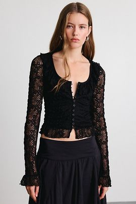 Kimchi Blue Kimchi Blue Angelina Ruffle Lace Cropped Cardigan in Black, Women's at Urban Outfitters