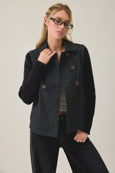 Kimchi Blue Kimchi Blue Annabel Babydoll Knit Sleeve Peacoat Jacket in Grey, Women's at Urban Outfitters