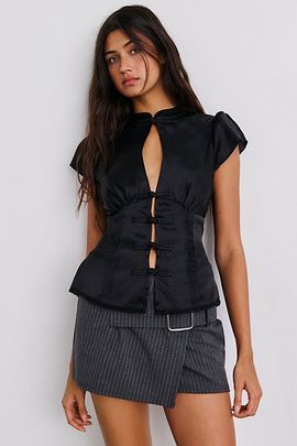 Kimchi Blue Kimchi Blue Ashley Keyhole Cutout Frog Button Short Sleeve Blouse in Black, Women's at Urban Outfitters